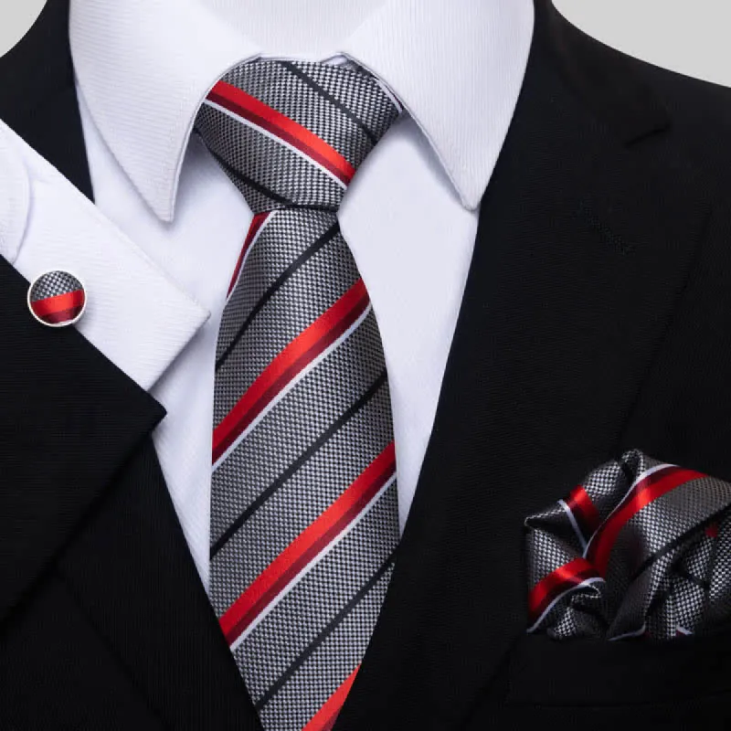 3Pcs Men's Gray & Red Striped Necktie Set sold by FloralTrip
