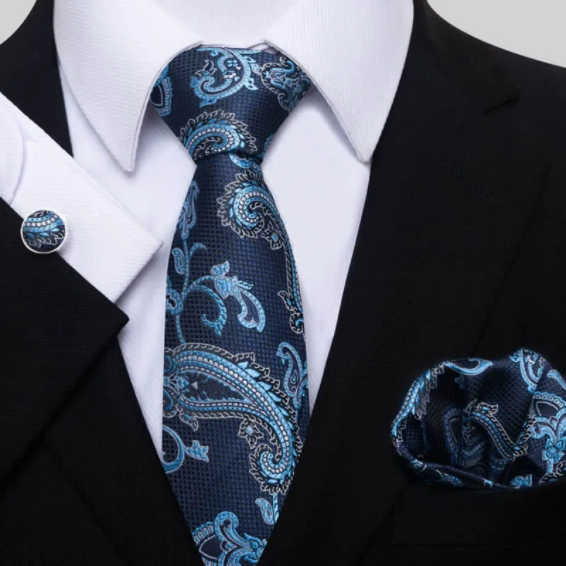 3Pcs Men's Shade of Blue Paisley Necktie Set sold by FloralTrip
