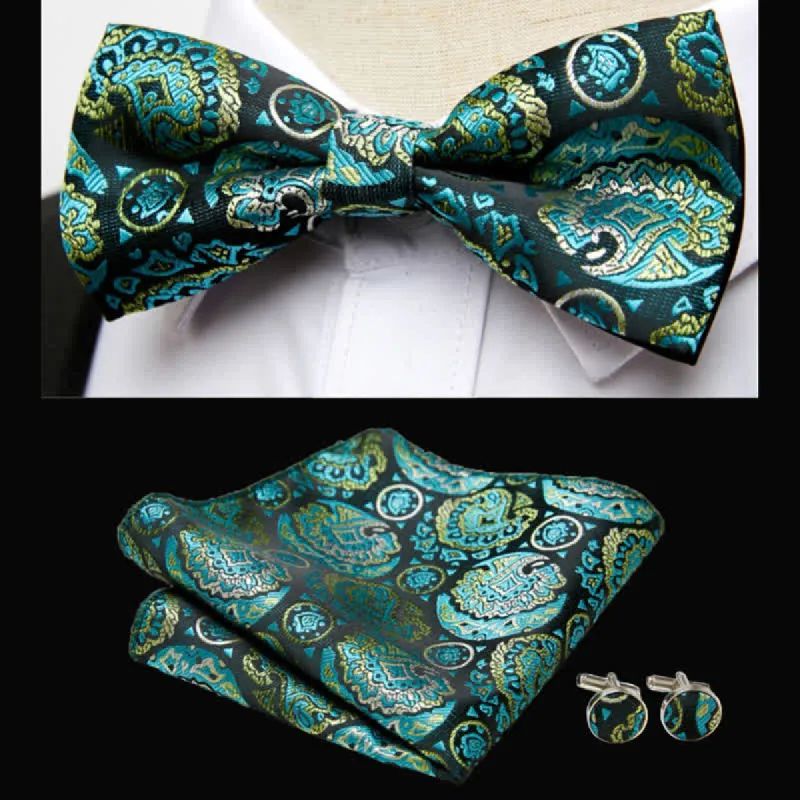 3Pcs Men's Emerald Paisley Bow Tie Pocket Square Set made by FloralTrip
