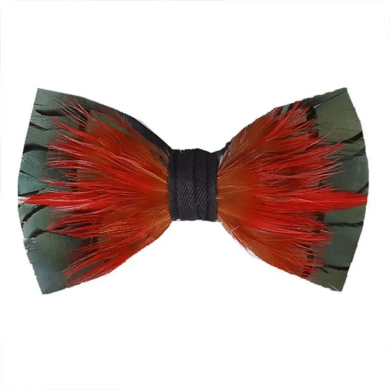 Hot Red & DarkGreen Feather Bow Tie with Lapel Pin sold by FloralTrip