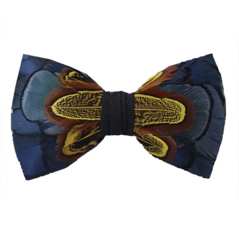 Navy & Yellow Wildness Feather Bow Tie with Lapel Pin sold by FloralTrip