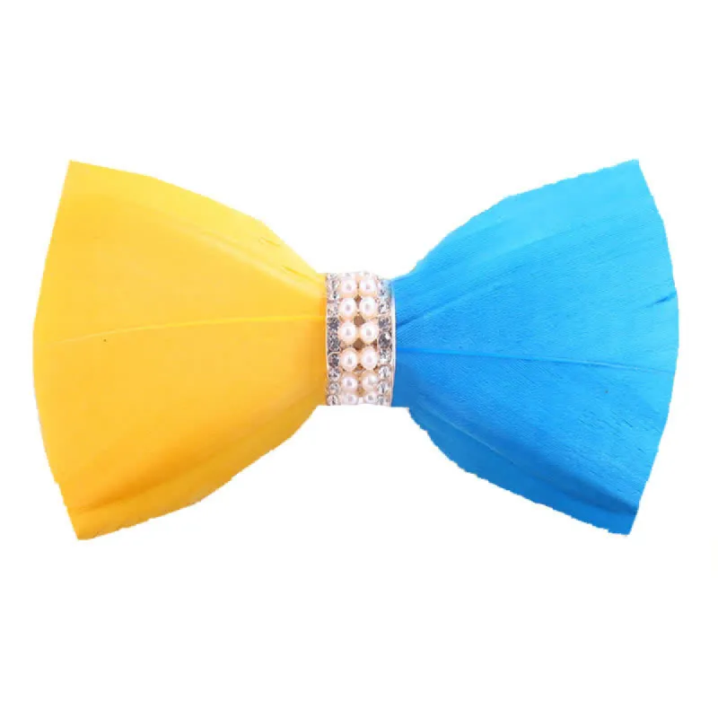 Yellow & Blue Shiny Pearl Feather Bow Tie with Lapel Pin sold by FloralTrip