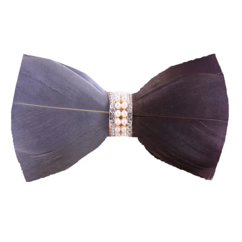 Gray & Brown Shiny Pearl Feather Bow Tie with Lapel Pin sold by FloralTrip