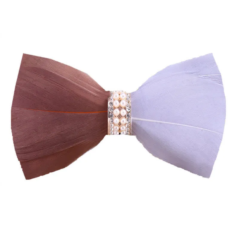 Brown & White Shiny Pearl Feather Bow Tie with Lapel Pin sold by FloralTrip