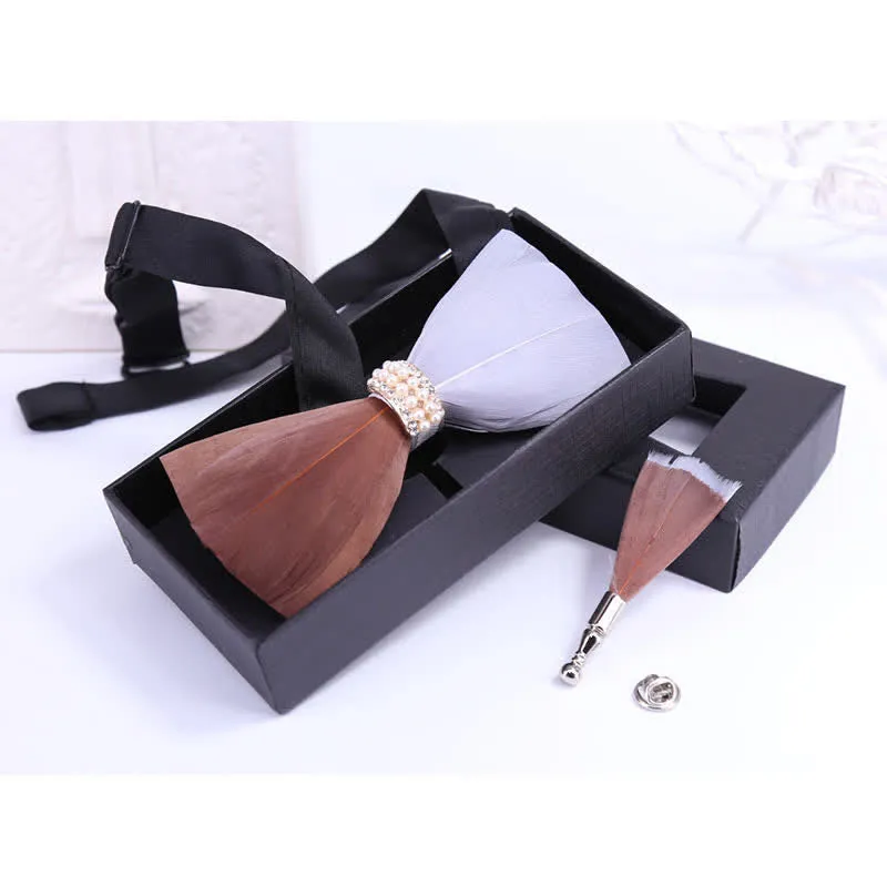 Brown & White Shiny Pearl Feather Bow Tie with Lapel Pin sold by FloralTrip product image thumbnail 2