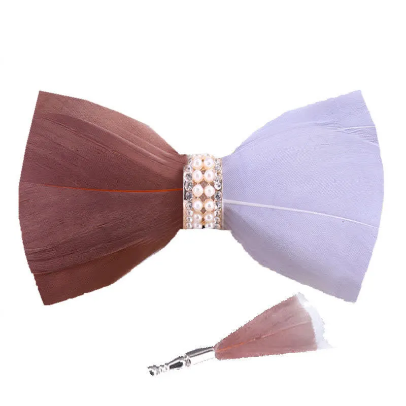 Brown & White Shiny Pearl Feather Bow Tie with Lapel Pin sold by FloralTrip product image thumbnail 4