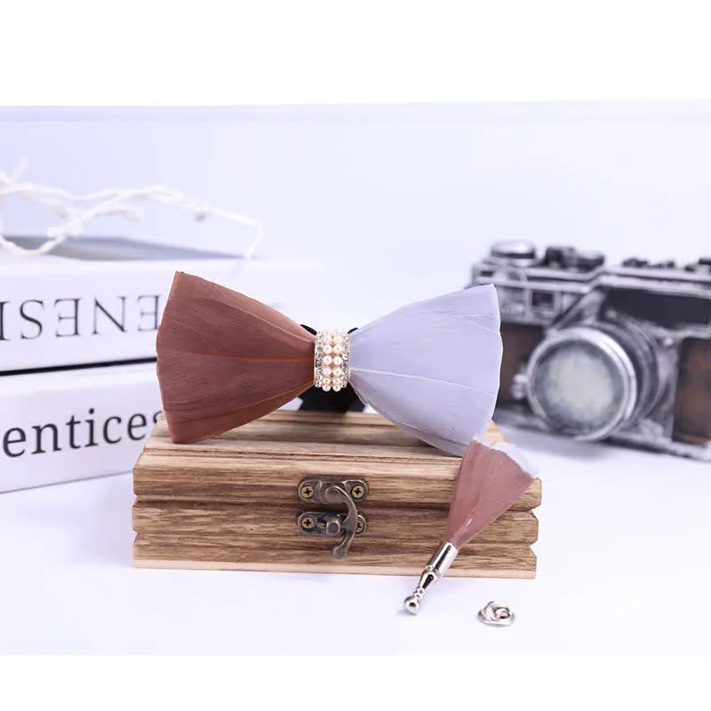 Brown & White Shiny Pearl Feather Bow Tie with Lapel Pin sold by FloralTrip product image thumbnail 3