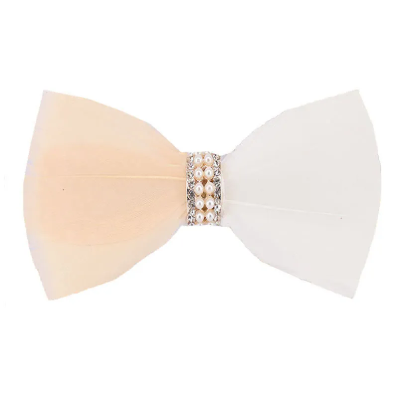 Blush & White Shiny Pearl Feather Bow Tie with Lapel Pin made by FloralTrip