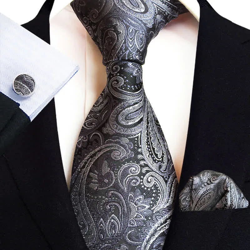 3Pcs Men's Gray Paisley Floral Necktie Set sold by FloralTrip