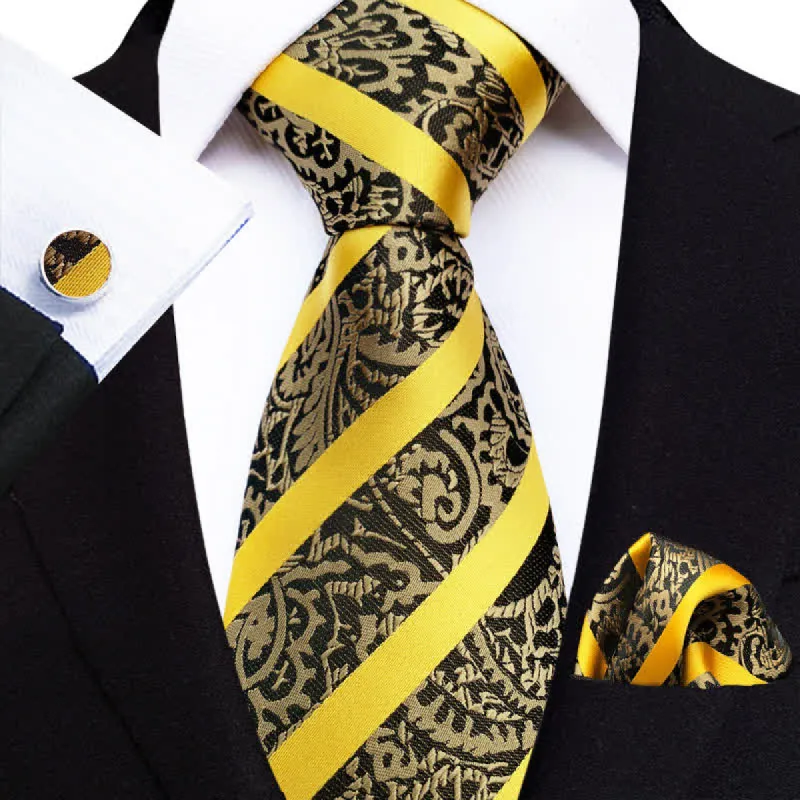 3Pcs Men's Yellow Striped Paisley Necktie Set sold by FloralTrip