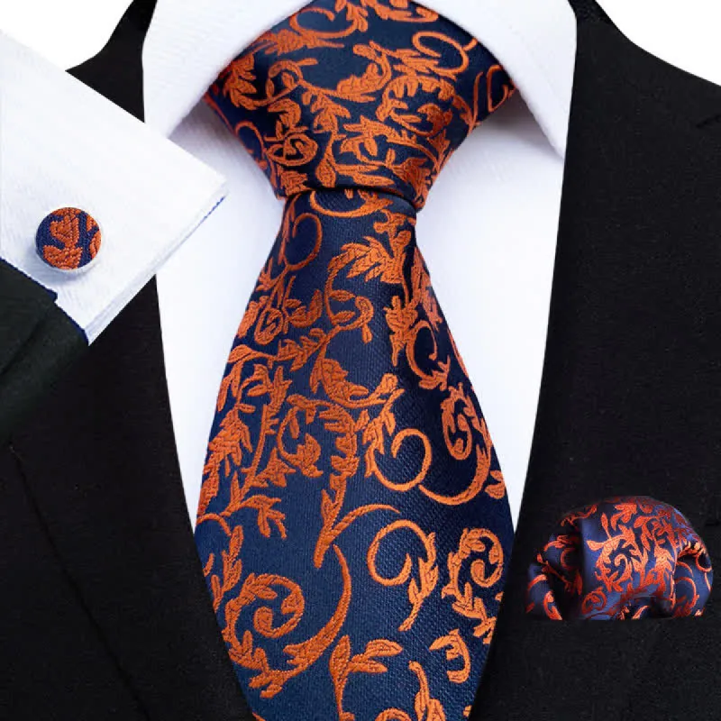 3Pcs Men's Orange Vine & Navy Necktie Set sold by FloralTrip