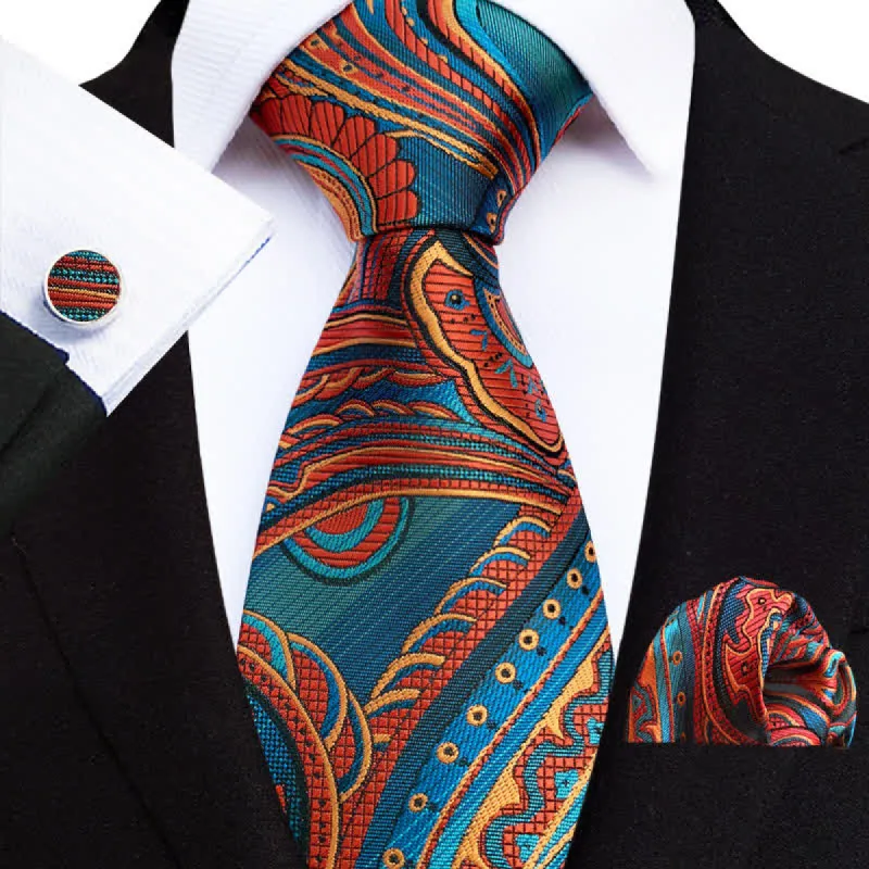 3Pcs Men's Orange & Teal Paisley Necktie Set sold by FloralTrip