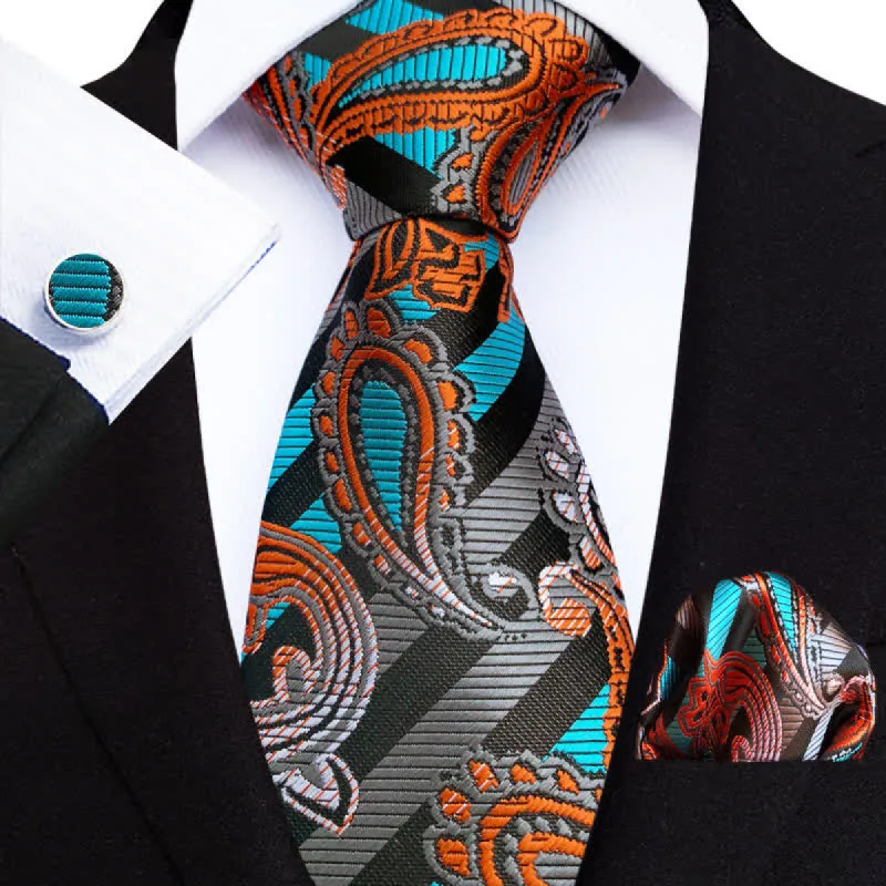 3Pcs Men's Aqua Sunset Paisley Necktie Set sold by FloralTrip