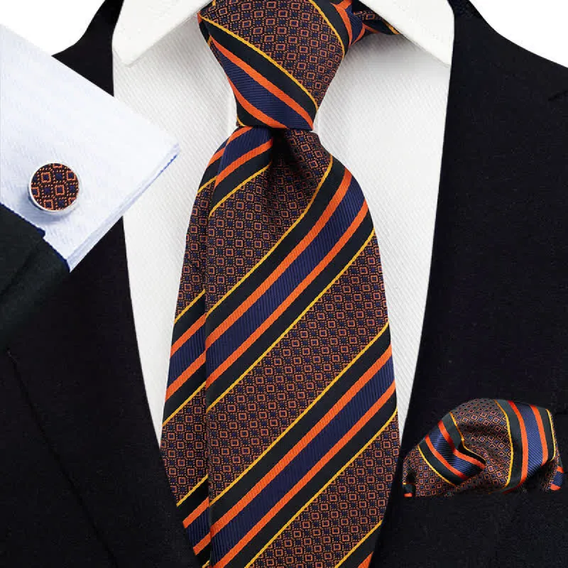 3Pcs Men's Novelty Orange & Navy Striped Necktie Set sold by FloralTrip