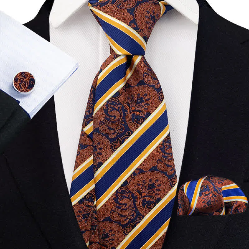 3Pcs Men's DarkOrange & Navy Striped Paisley Necktie Set sold by FloralTrip