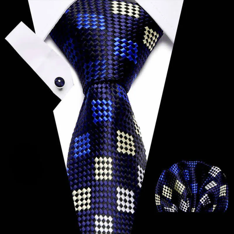 3Pcs Men's Navy & Yellow Checkerboard Necktie Set sold by FloralTrip