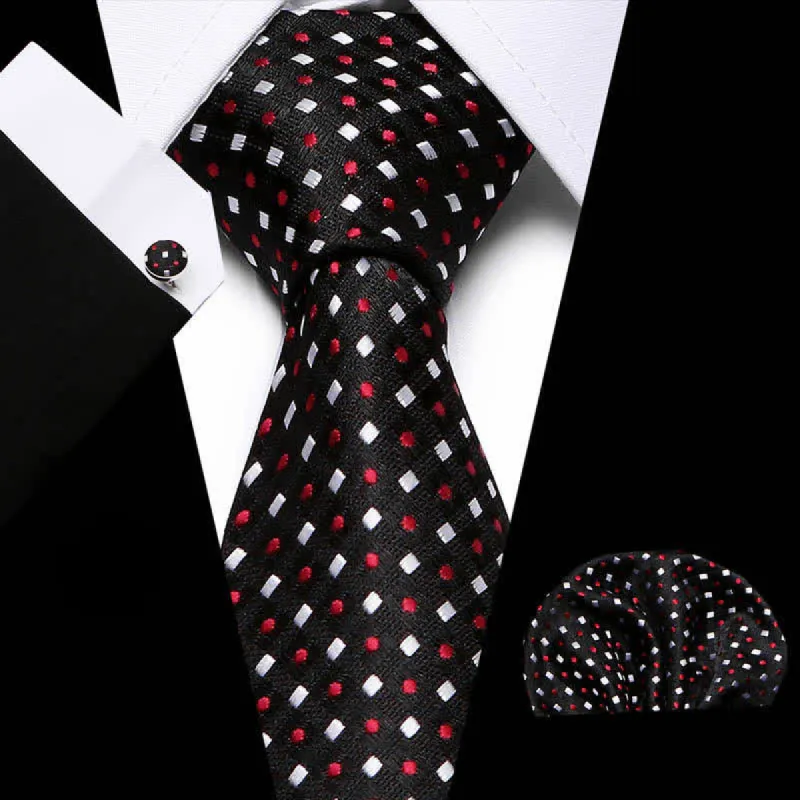 3Pcs Men's Red Dots & White Square Black Necktie Set sold by FloralTrip
