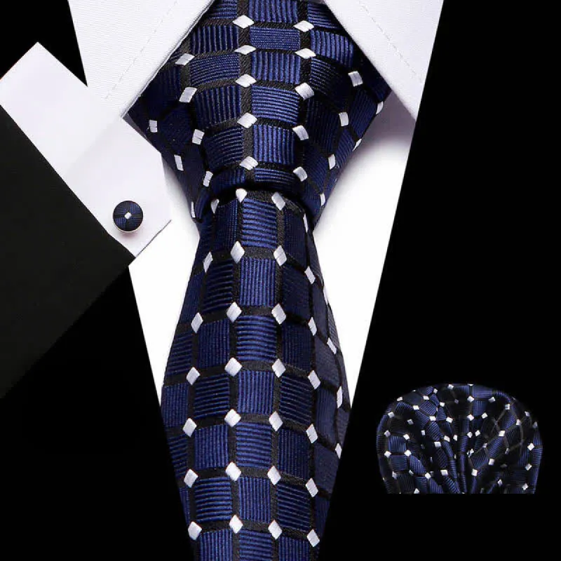 3Pcs Men's MidnightBlue & White Checked Necktie Set sold by FloralTrip