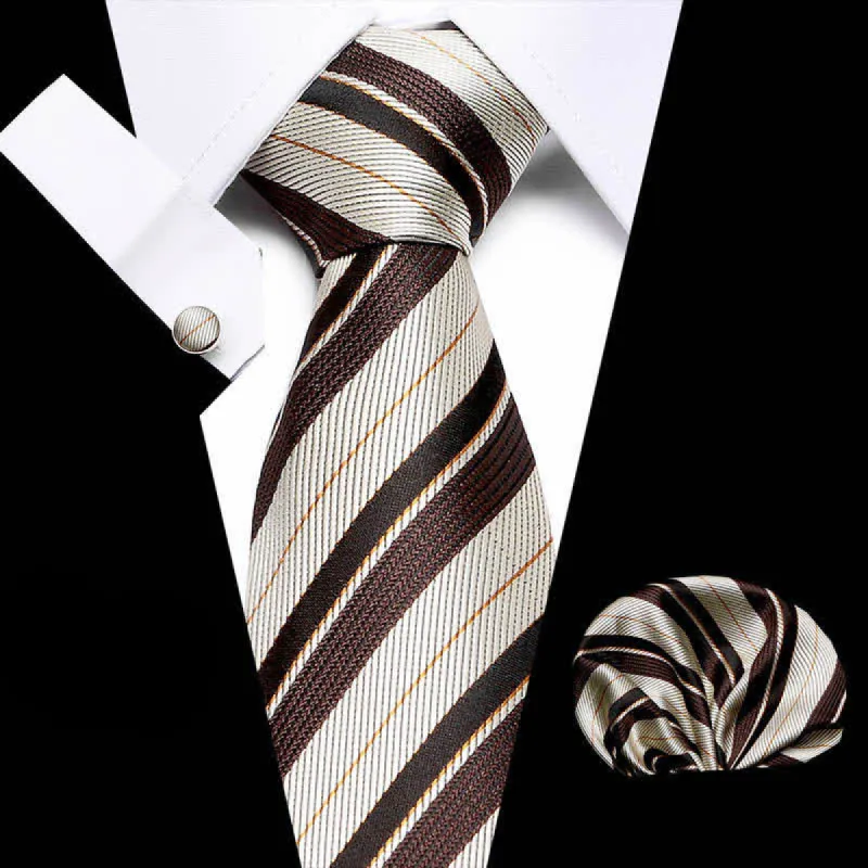 3Pcs Men's Champagne & Coffee Striped Necktie Set sold by FloralTrip