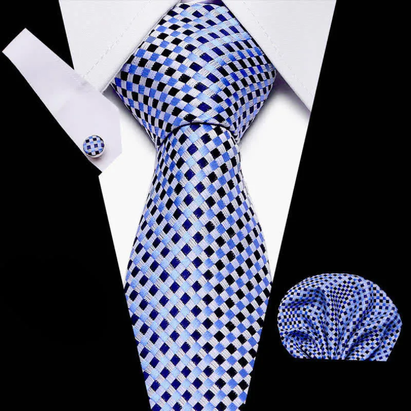 3Pcs Men's Blue & Black Woven Checked Necktie Set sold by FloralTrip