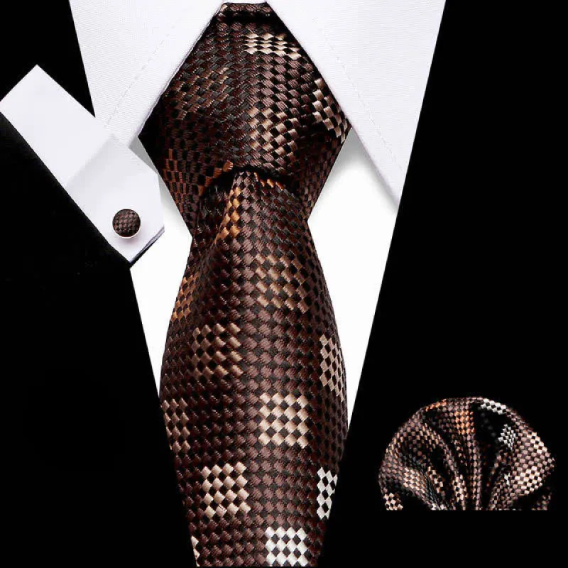 3Pcs Men's Brown & Champagne Checkerboard Necktie Set sold by FloralTrip