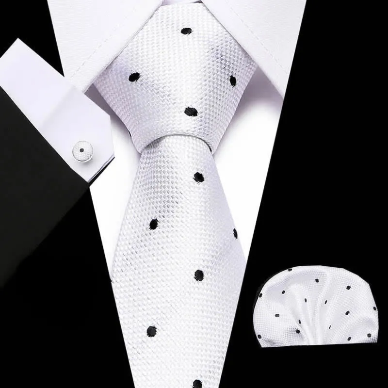 3Pcs Men's White & Black Fine Point Polka Necktie Set sold by FloralTrip