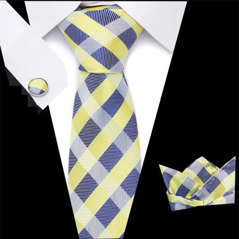 3Pcs Men's Yellow & Blue Striped Plaid Necktie Set sold by FloralTrip