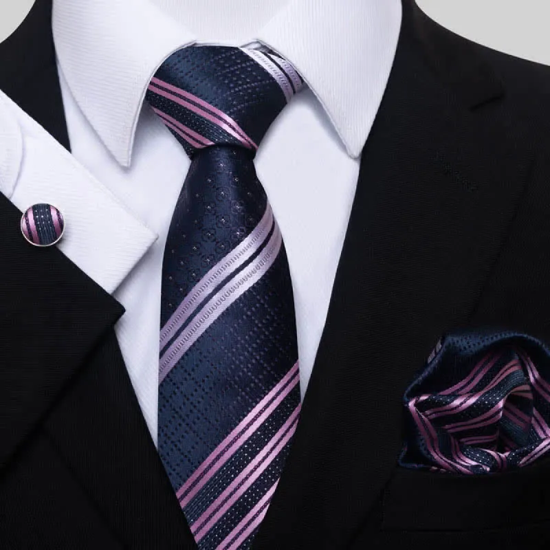 3Pcs Men's Noble Navy & Violet Striped Necktie Set sold by FloralTrip