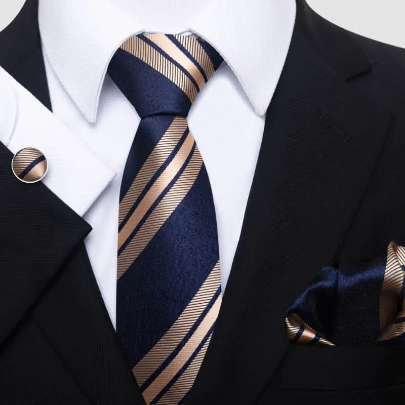 3Pcs Men's Navy & Wheat Striped Necktie Set sold by FloralTrip