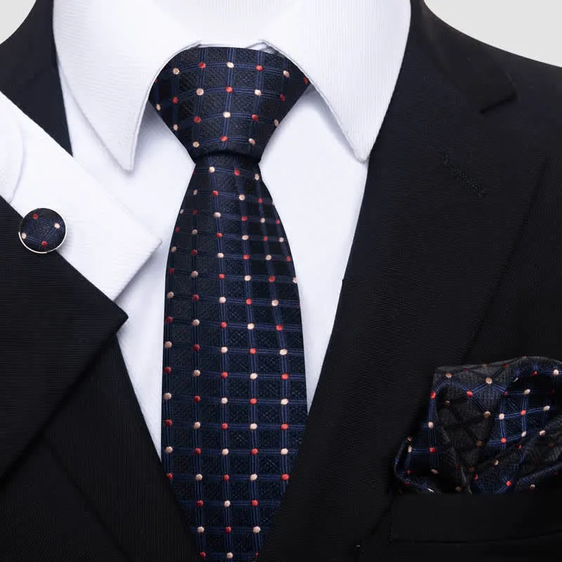 3Pcs Men's Red & Tan Dots Navy Check Necktie Set sold by FloralTrip