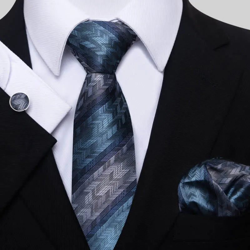 3Pcs Men's Teal & Gray Striped Necktie Set sold by FloralTrip