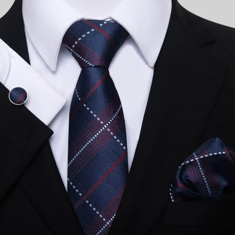 3Pcs Men's Deep Navy & Red Plaid Necktie Set sold by FloralTrip