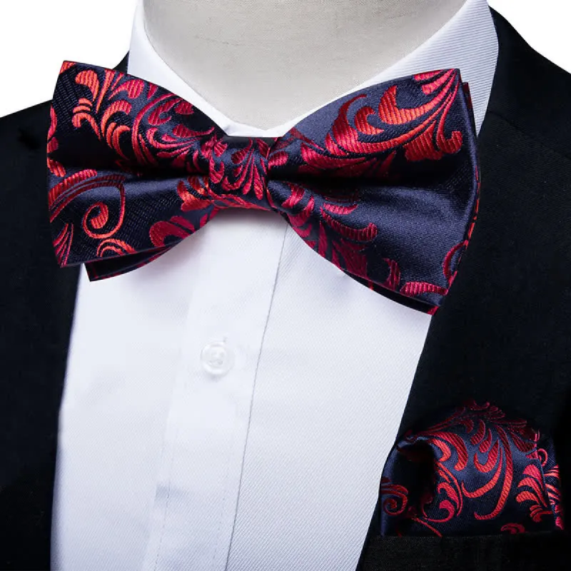 2Pcs Men's Red & Navy Floral Bow Tie Pocket Square Set sold by FloralTrip