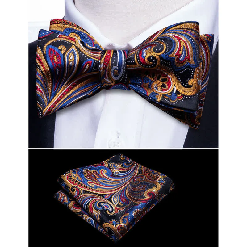 2Pcs Men's Gold & Blue Paisley Bow Tie Pocket Square Set made by FloralTrip