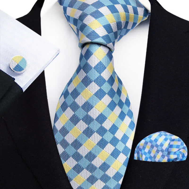 3Pcs Men's SkyBlue & Yellow Check Necktie Set sold by FloralTrip