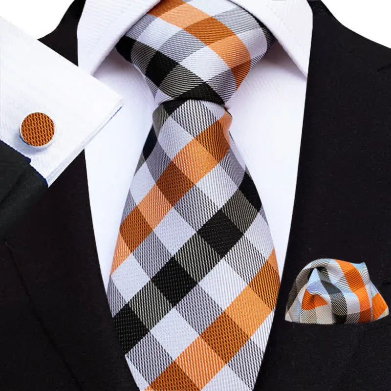 3Pcs Men's Orange & Black Check Necktie Set made by FloralTrip