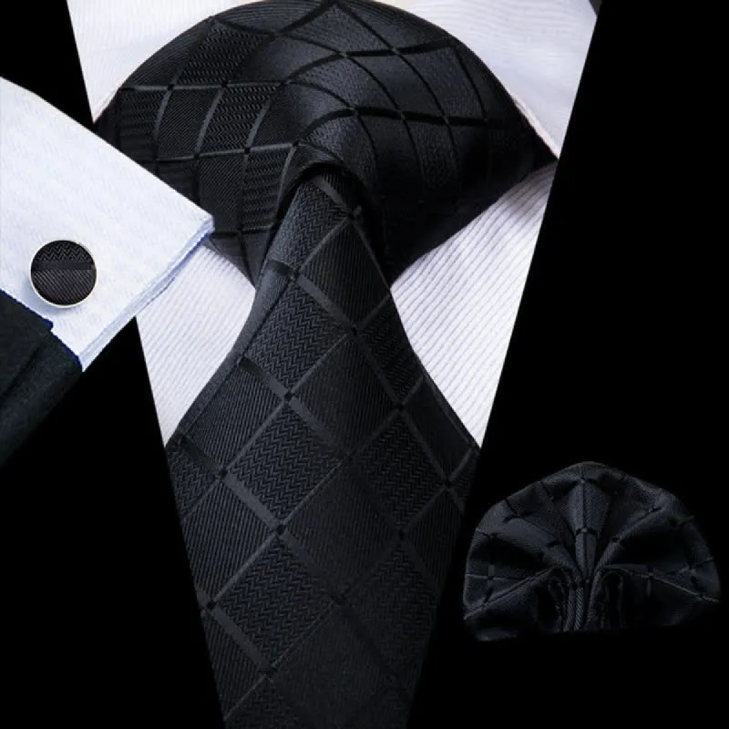 3Pcs Men's Black Business Plaid Necktie Set sold by FloralTrip
