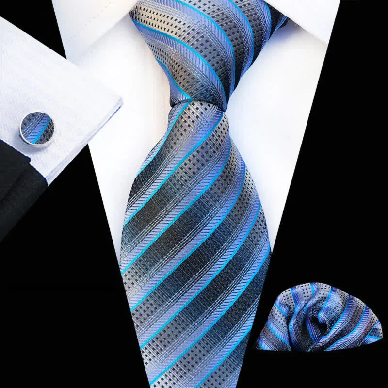 3Pcs Men's Modern Blue & Gray Striped Necktie Set sold by FloralTrip