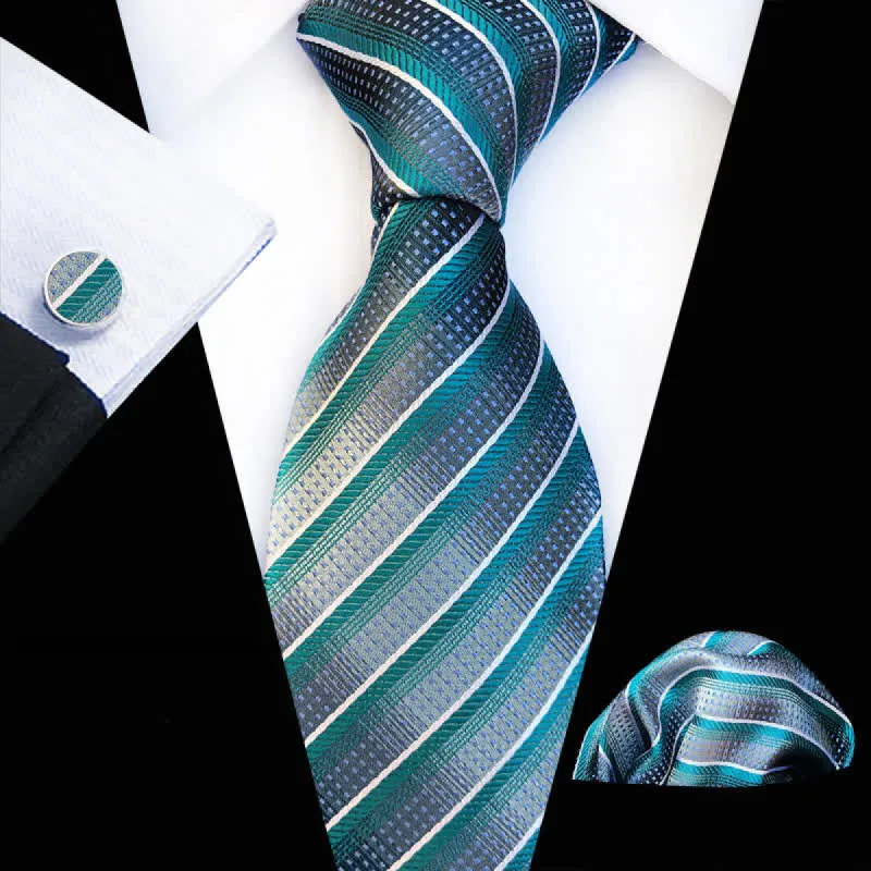 3Pcs Men's Modern Teal & Gray Striped Necktie Set sold by FloralTrip