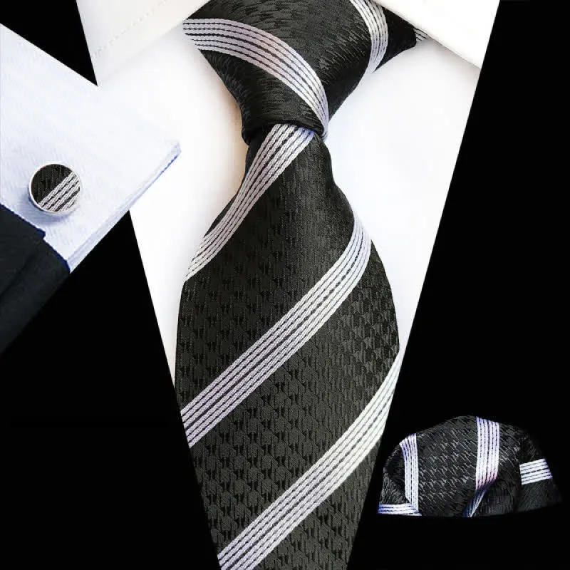 3Pcs Men's Business Black & White Striped Necktie Set sold by FloralTrip