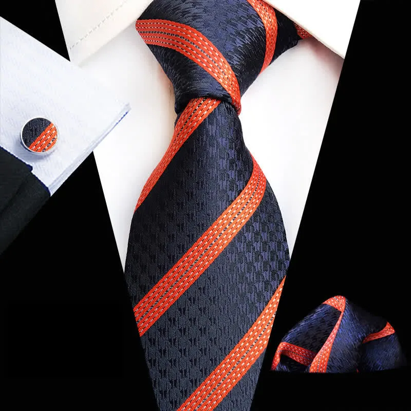 3Pcs Men's Orange & Navy Striped Necktie Set sold by FloralTrip