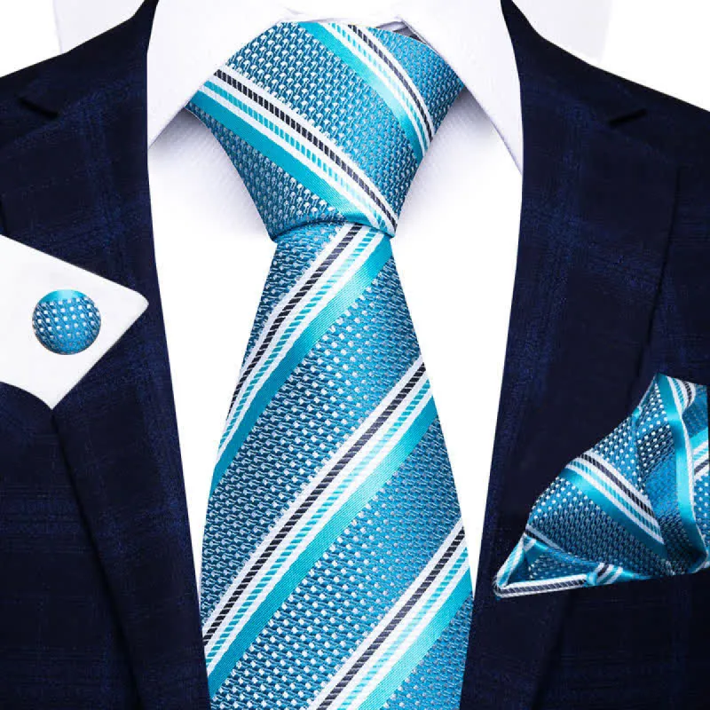 Turquoise & Aqua Blue 3Pcs Men's Striped Necktie Set sold by FloralTrip