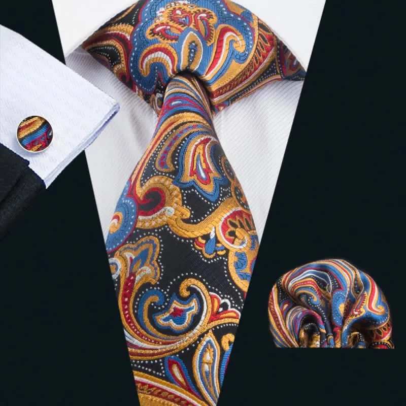 Yellow & Blue 3Pcs Men's Paisley Black Necktie Set sold by FloralTrip