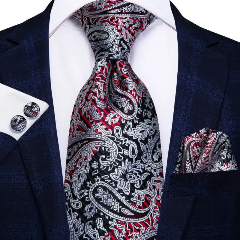 Red & Black 3Pcs Men's Paisley Necktie Set sold by FloralTrip