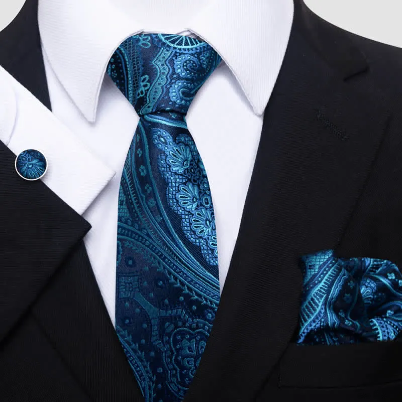3Pcs Men's Teal Paisley Necktie Set sold by FloralTrip