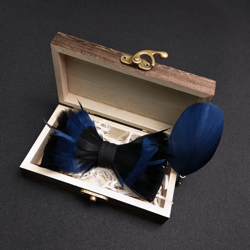 MidnightBlue & Black Feather Bow Tie with Lapel Pin sold by FloralTrip