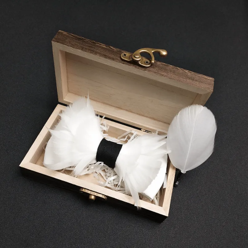 White & Black Elegant Feather Bow Tie with Lapel Pin made by FloralTrip