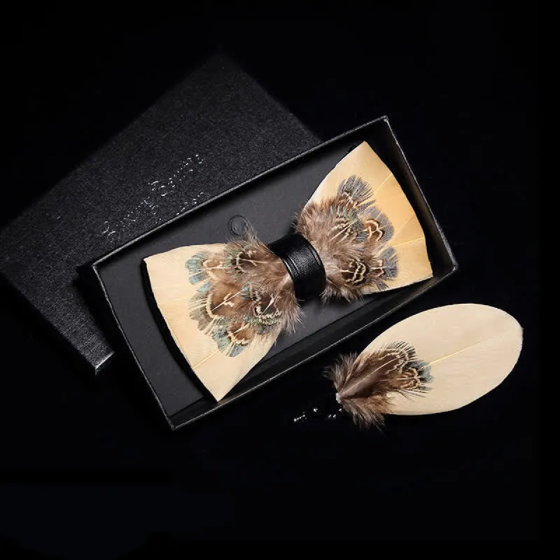 Pale Yellow Pheasant Feather Bow Tie with Lapel Pin made by FloralTrip