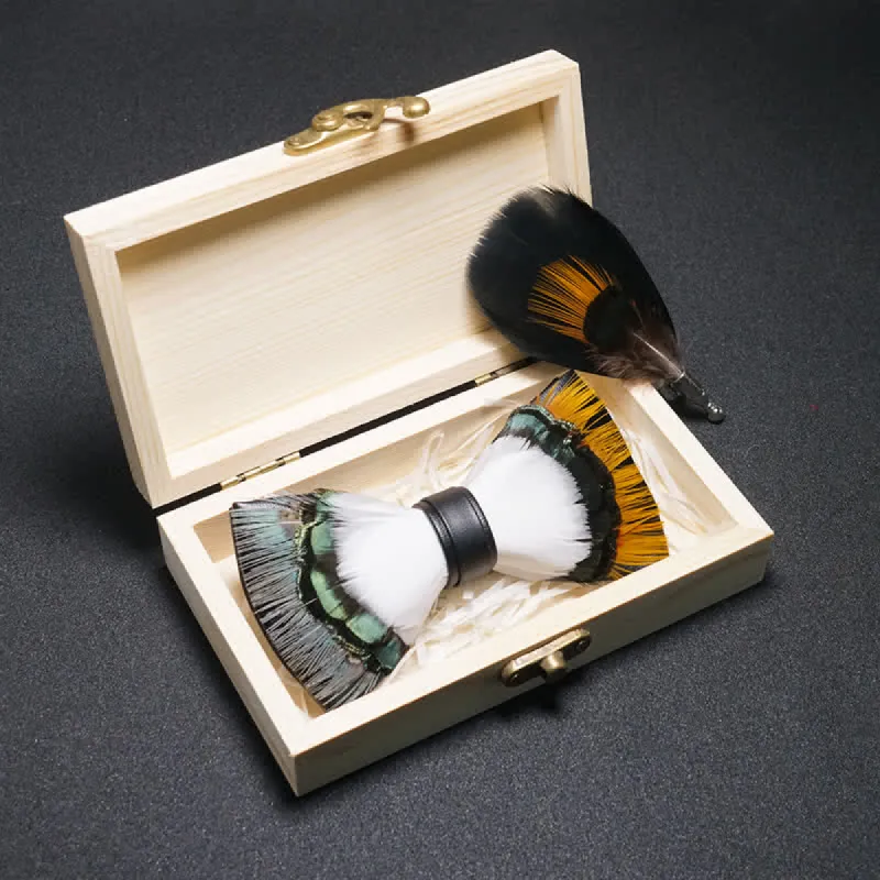 White & Multicolored Finch Feather Bow Tie with Lapel Pin sold by FloralTrip