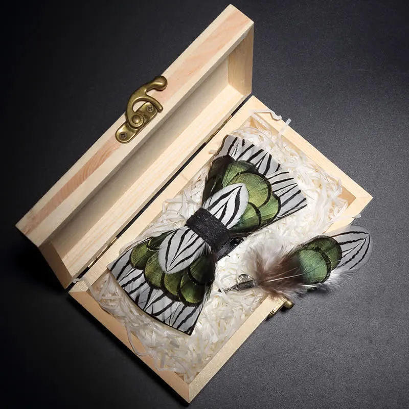 Green & White Forest Feather Bow Tie with Lapel Pin sold by FloralTrip